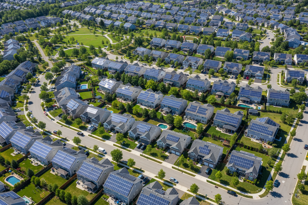 一片社区每家每户屋顶上都安装着太阳能板